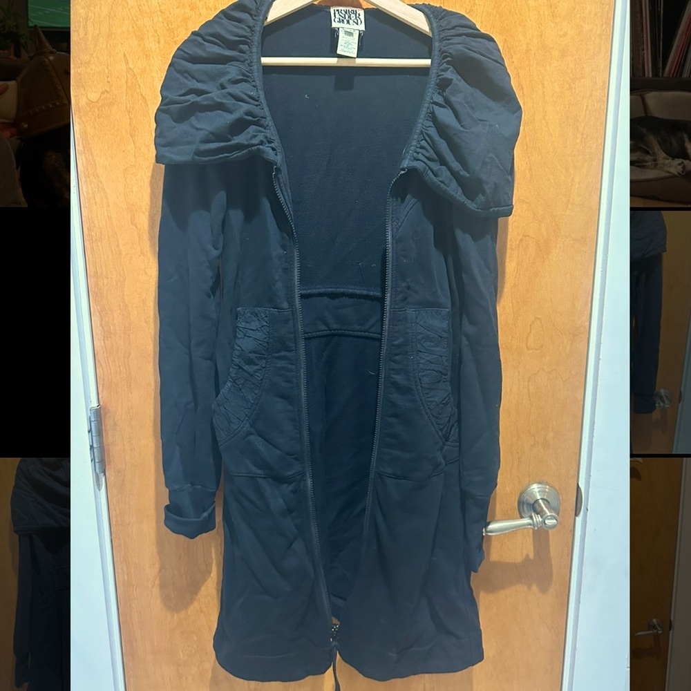 Black cotton peacoat with dramatic extra wide hood